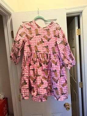 Pink Gingham Dress with Cowboy Boot Print